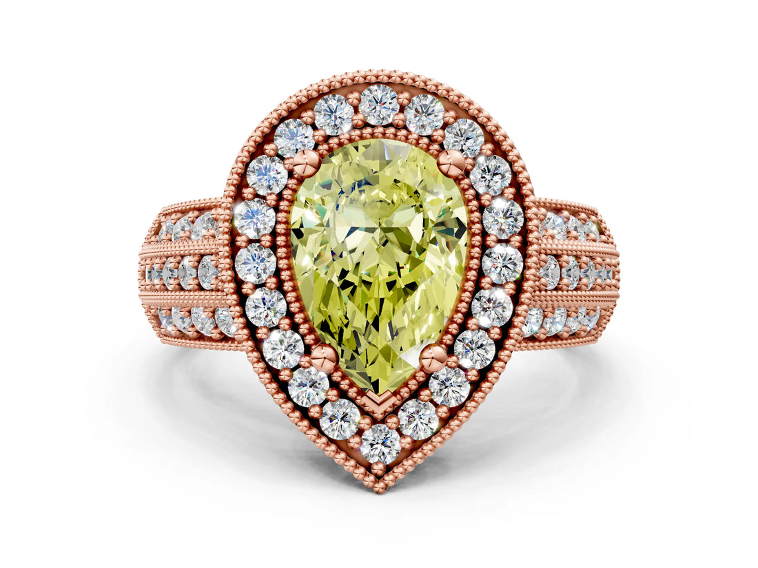 Rose gold Fancy Yellow Pear Cut Halo Diamond Engagement Ring with Pave Split Shank and Four-Prong Setting
