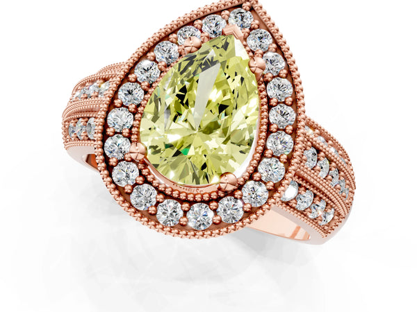 Rose gold Fancy Yellow Pear Cut Halo Diamond Engagement Ring with Pave Split Shank and Four-Prong Setting