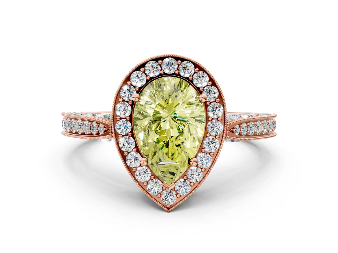 Rose gold Fancy Yellow Pear Cut Halo Diamond Engagement Ring with Split Shank Band and Four-Prong Setting