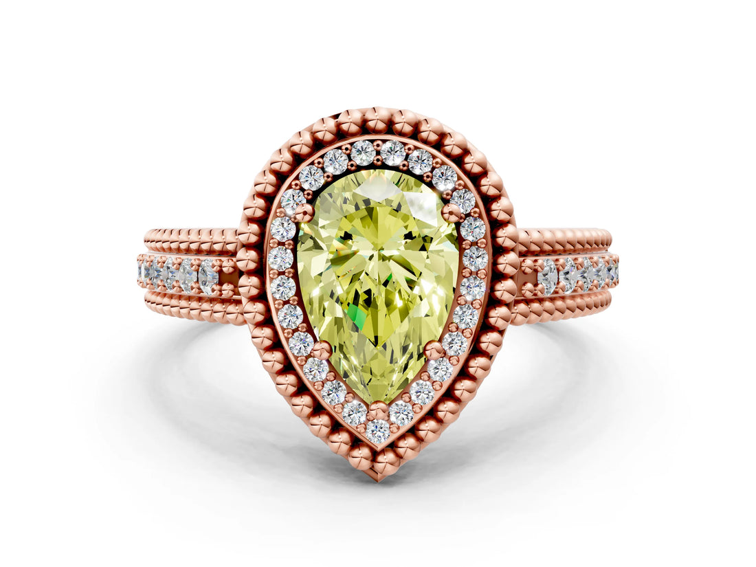Rose gold Fancy Yellow Pear Cut Halo Diamond Ring with Beaded Split Shank and Four-Prong Setting