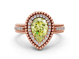 Rose gold Fancy Yellow Pear Cut Halo Diamond Ring with Beaded Split Shank and Four-Prong Setting