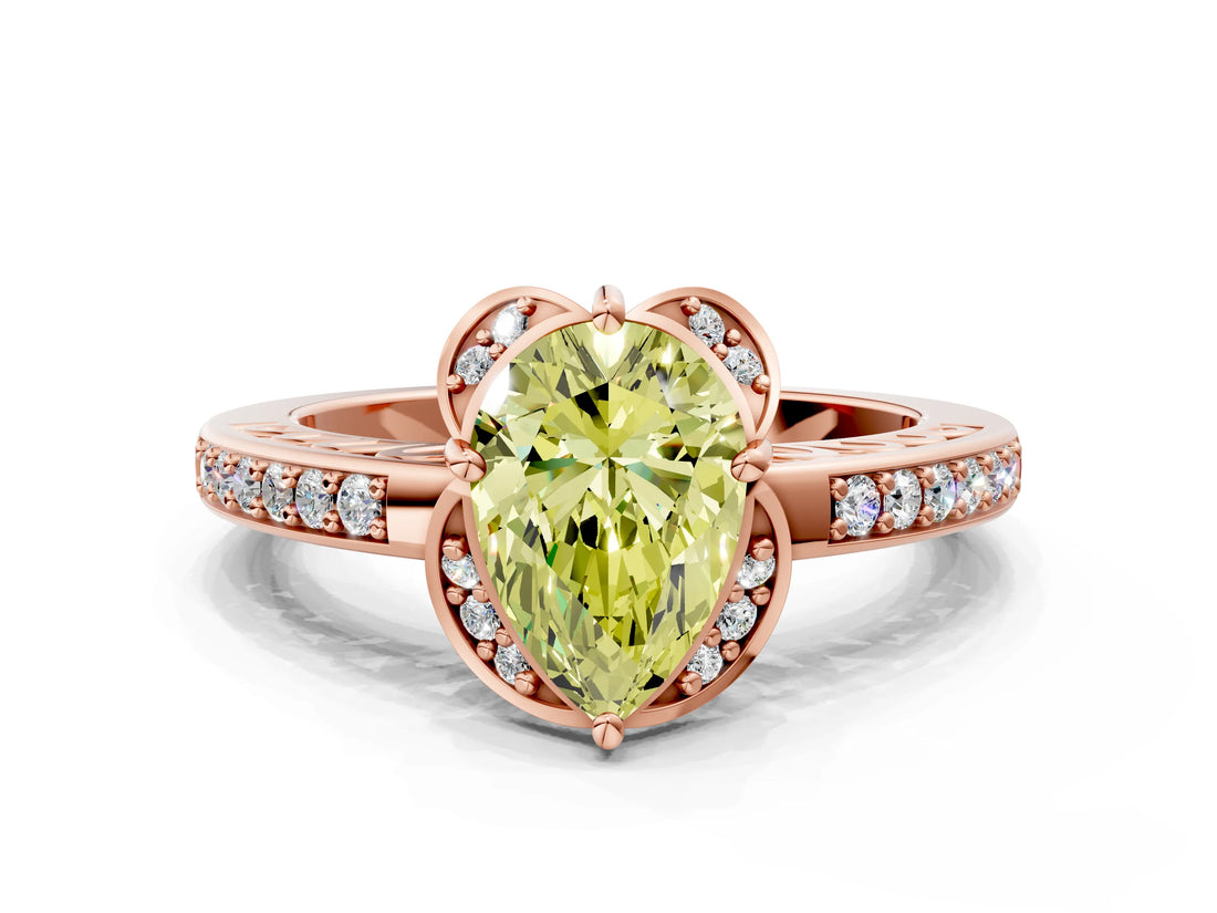 Rose gold Fancy Yellow Pear  Cut Halo Diamond Ring with Channel Set Band and Four-Prong Setting_32