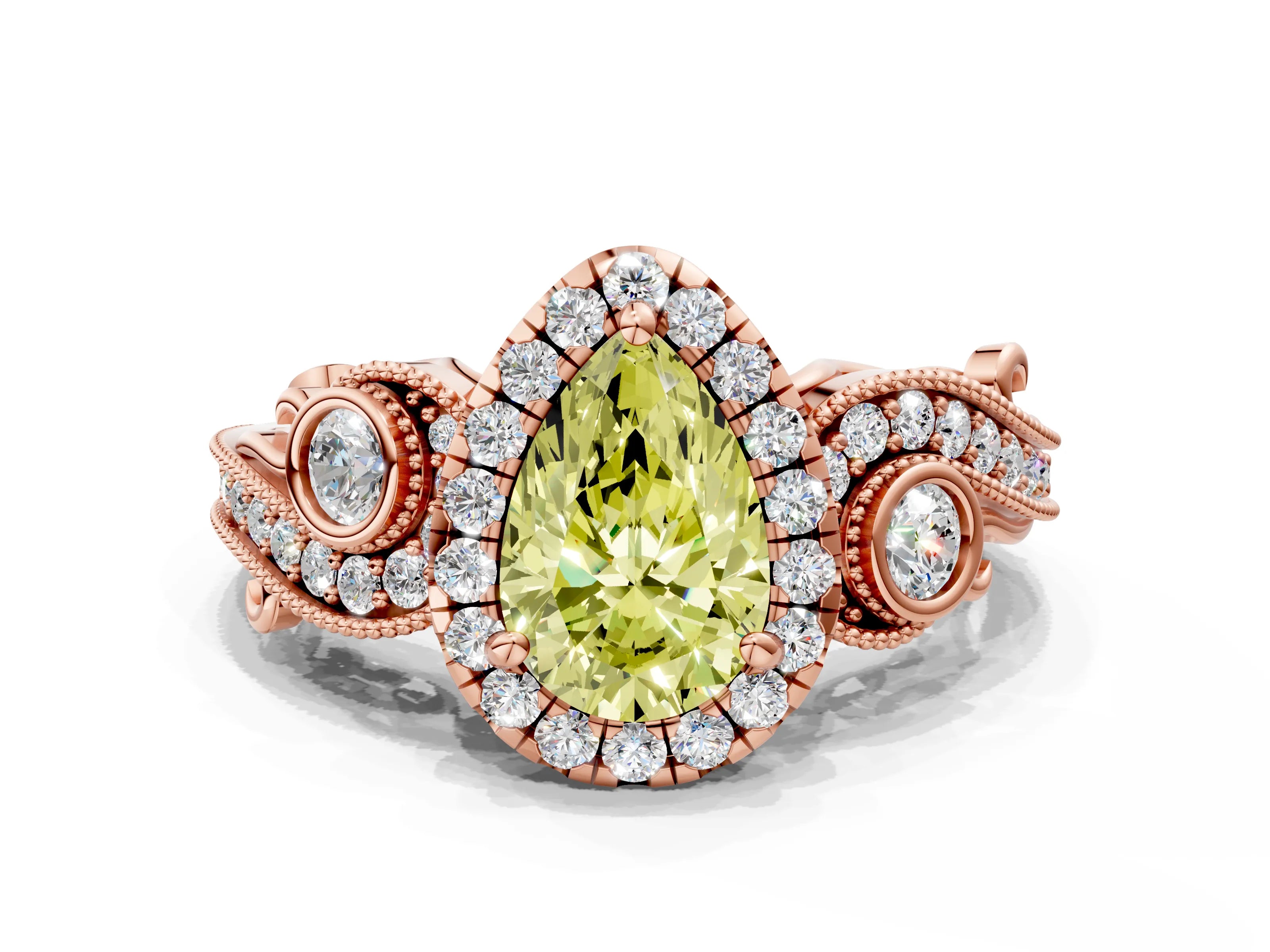 Rose gold Fancy Yellow Pear Cut Halo Diamond Ring with Milgrain and Bezel Accents on a Split Shank Band