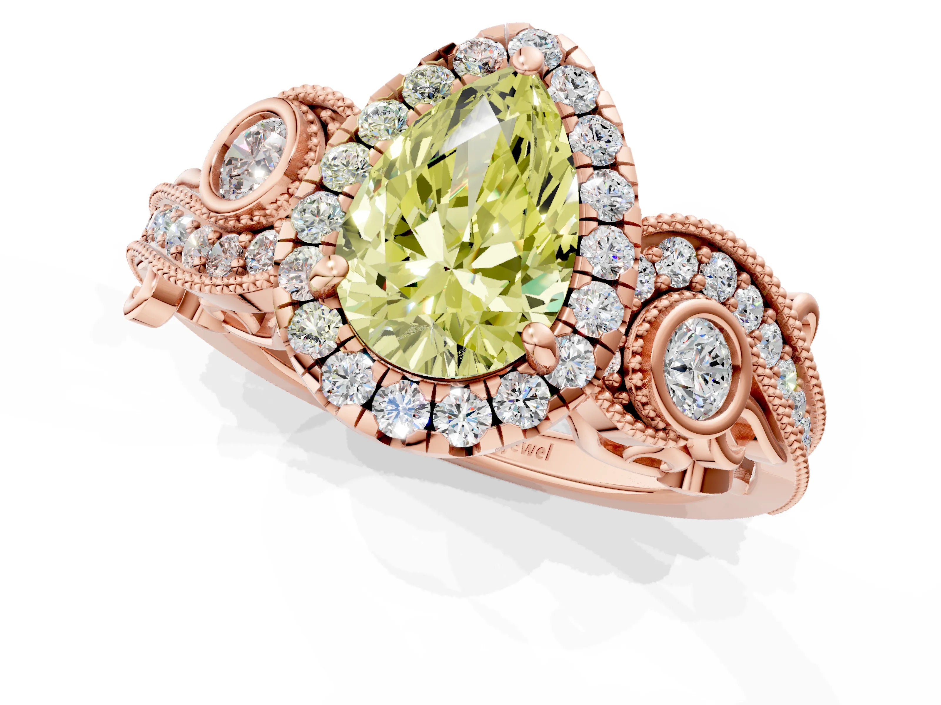 Rose gold Fancy Yellow Pear Cut Halo Diamond Ring with Milgrain and Bezel Accents on a Split Shank Band_1