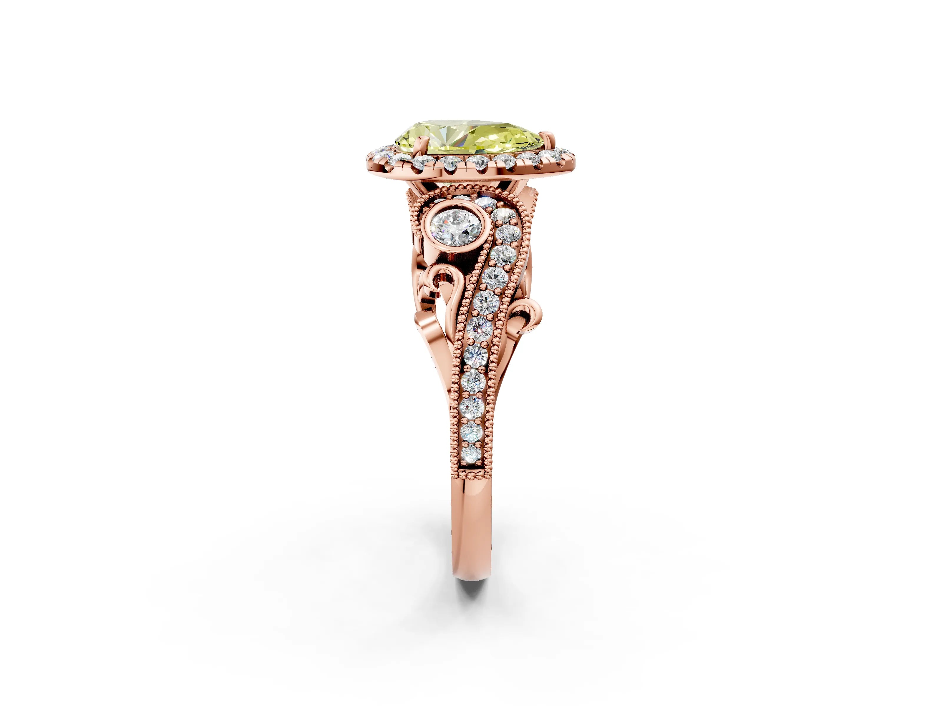 Rose gold Fancy Yellow Pear Cut Halo Diamond Ring with Milgrain and Bezel Accents on a Split Shank Band_2