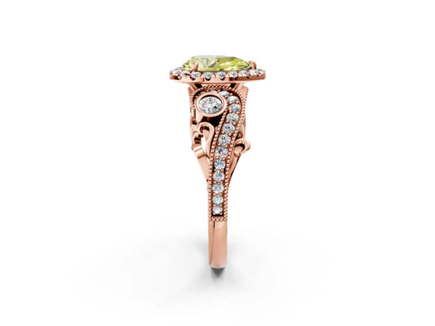 Rose gold Fancy Yellow Pear Cut Halo Diamond Ring with Milgrain and Bezel Accents on a Split Shank Band_2