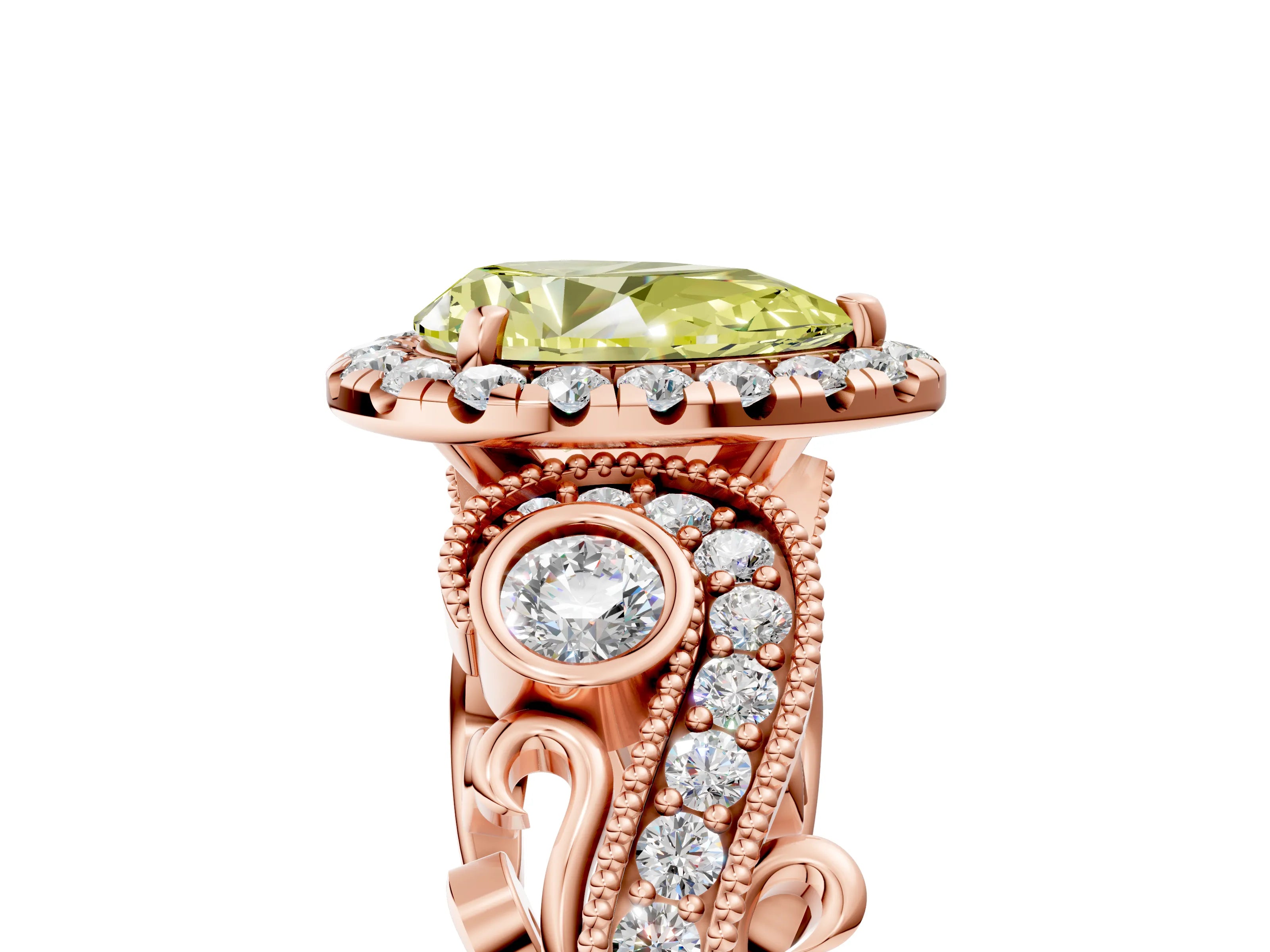 Rose gold Fancy Yellow Pear Cut Halo Diamond Ring with Milgrain and Bezel Accents on a Split Shank Band_5
