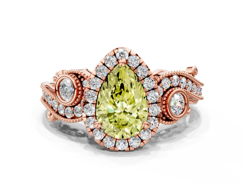 Rose gold Fancy Yellow Pear Cut Halo Diamond Ring with Milgrain and Bezel Accents on a Split Shank Band