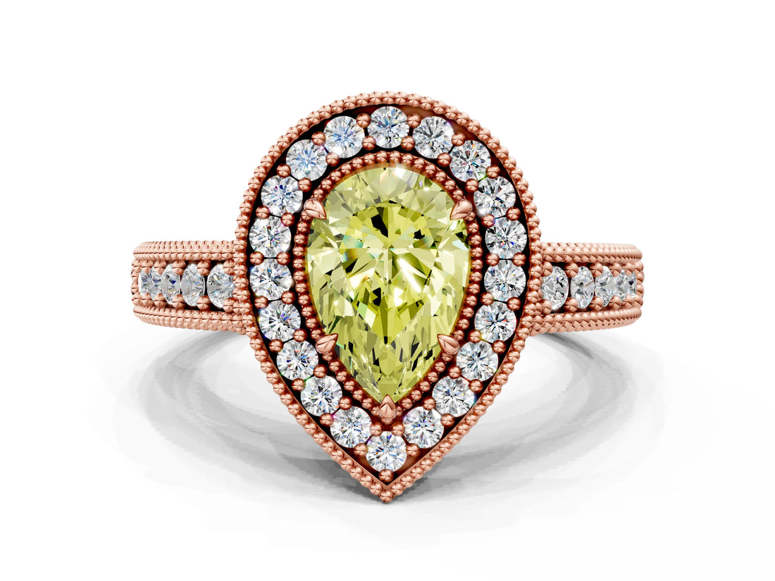 Rose gold Fancy Yellow Pear  Cut Halo Diamond Ring with Pavé Band and Four-Prong Setting_68