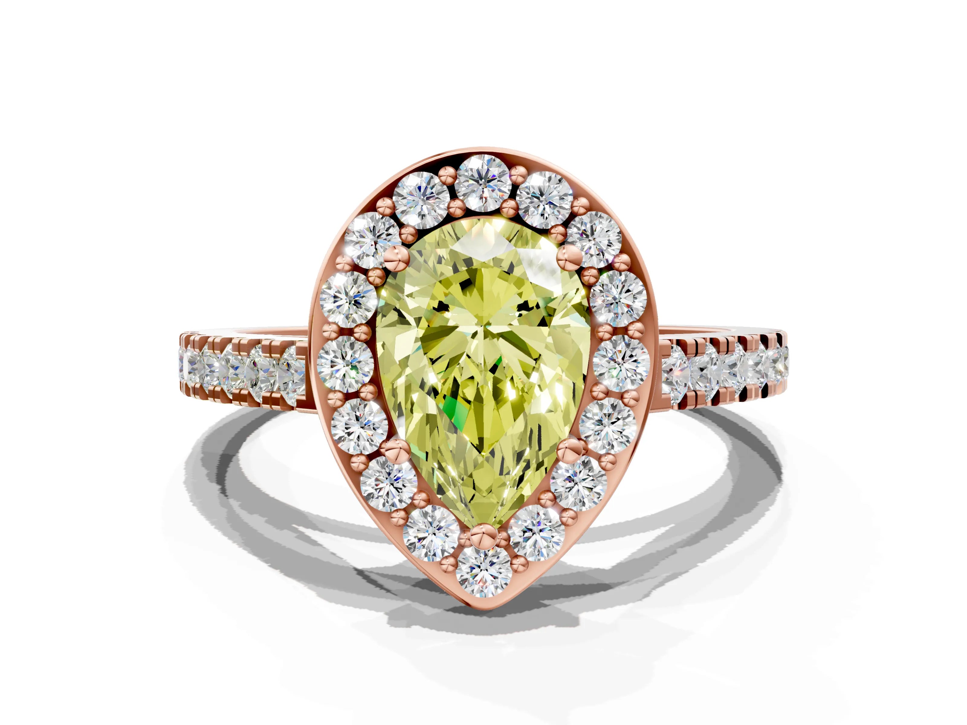 Rose gold Fancy Yellow Pear Cut Halo Diamond Ring with Pavé Band and Three-Prong Setting