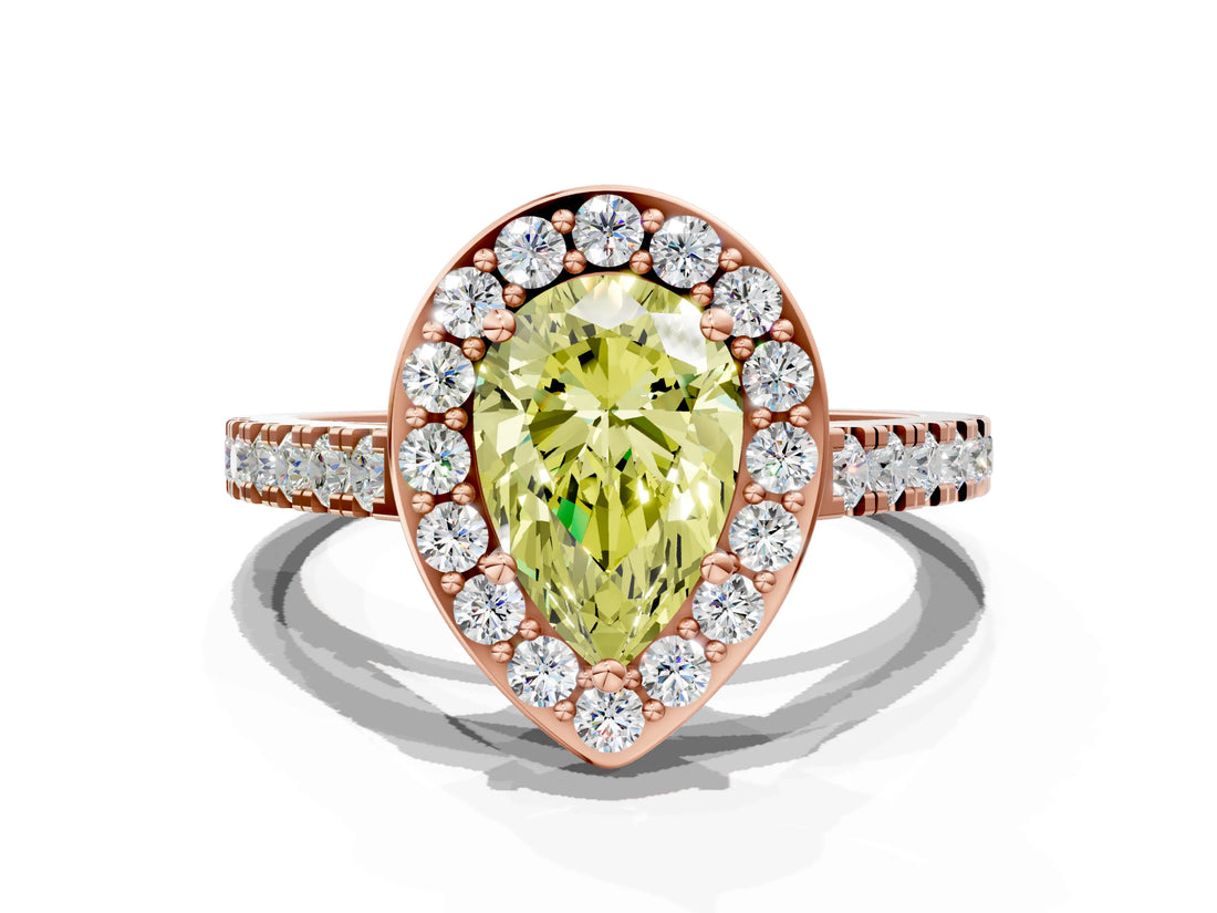 Rose gold Fancy Yellow Pear Cut Halo Diamond Ring with Pavé Band and Three-Prong Setting