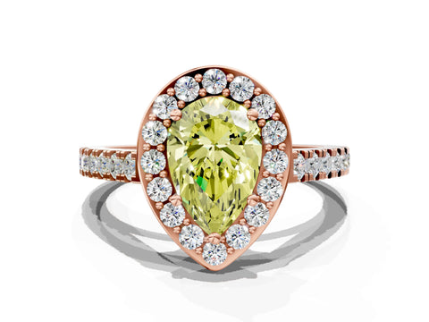 Rose gold Fancy Yellow Pear Cut Halo Diamond Ring with Pavé Band and Three-Prong Setting