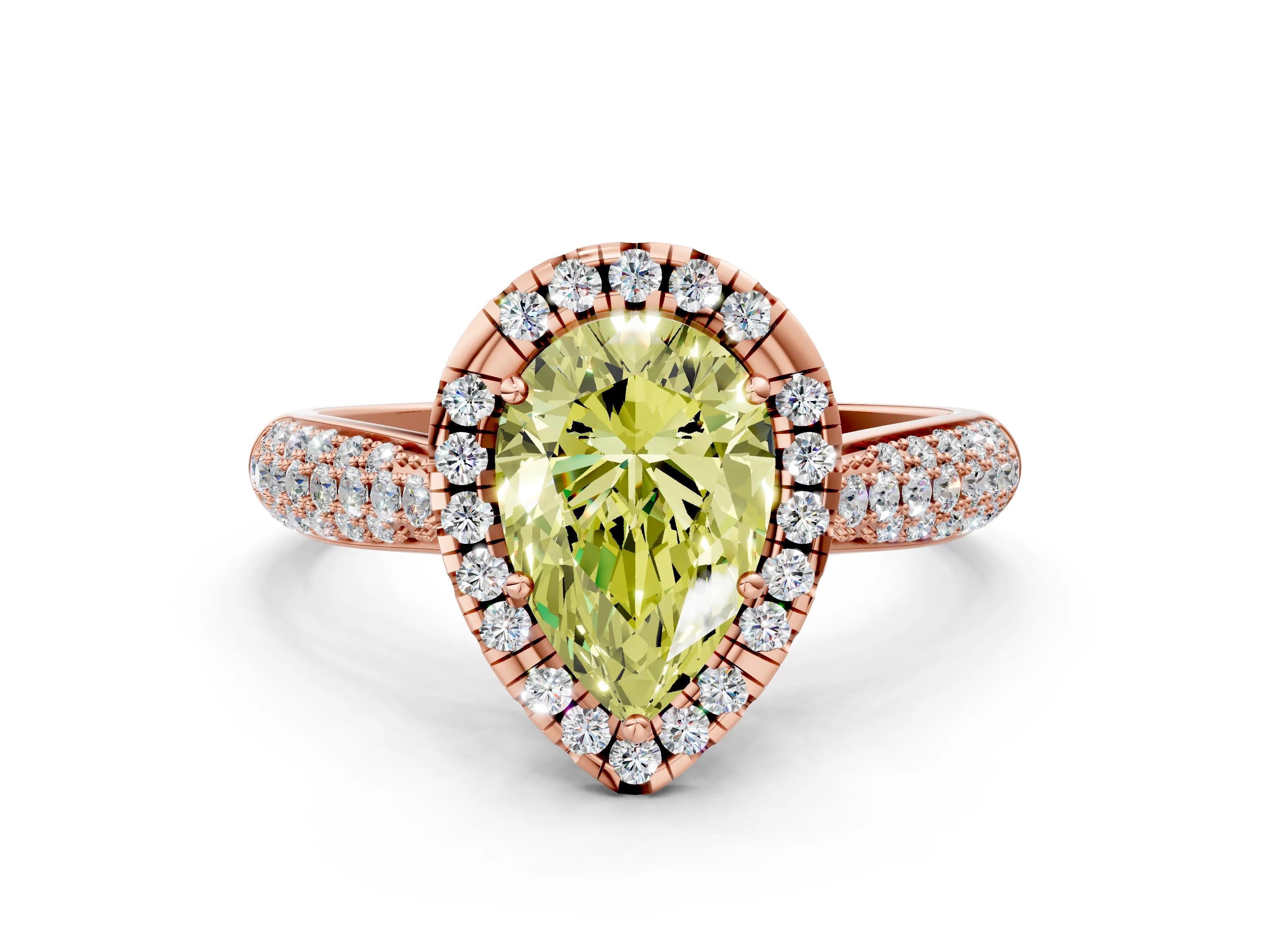 Rose gold Fancy Yellow Pear Cut Halo Diamond Ring with Pavé Band