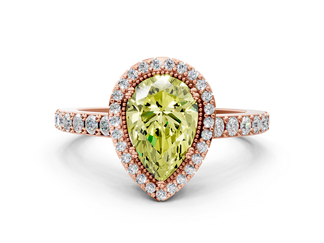 Rose gold Fancy Yellow Pear  Cut Halo Diamond Ring with Pave Band and Four-Prong Setting_24