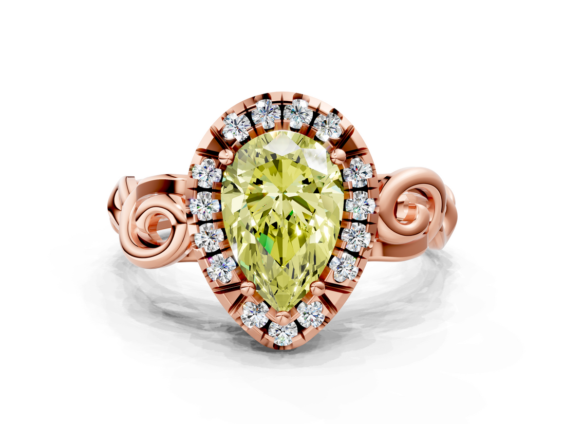 Rose gold Fancy Yellow Pear  Cut Halo Diamond Ring with Scrollwork Band and Four-Prong Setting_72