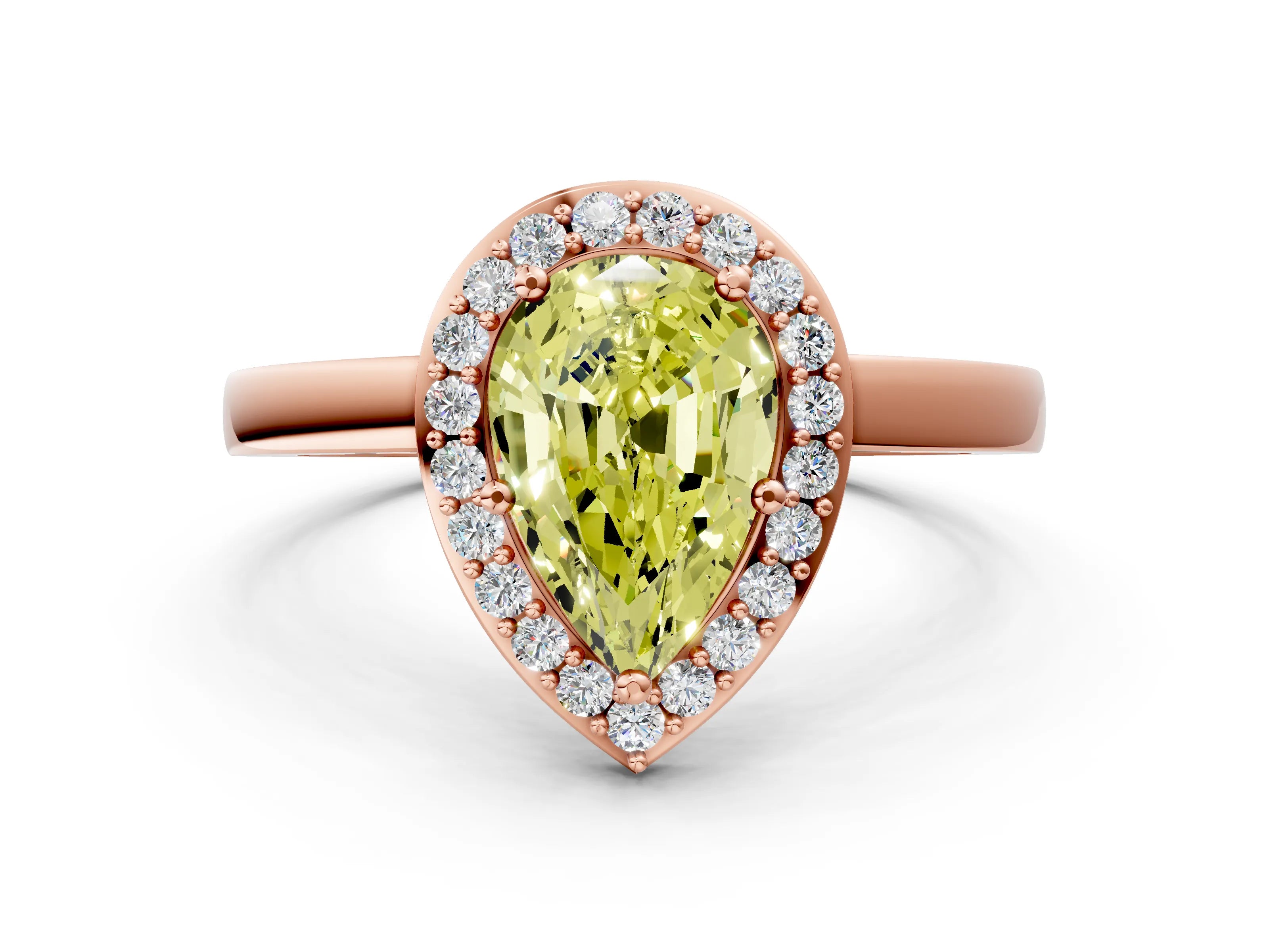 Rose gold Fancy Yellow Pear Cut Halo Diamond Ring with Solitaire Band and Prong Setting