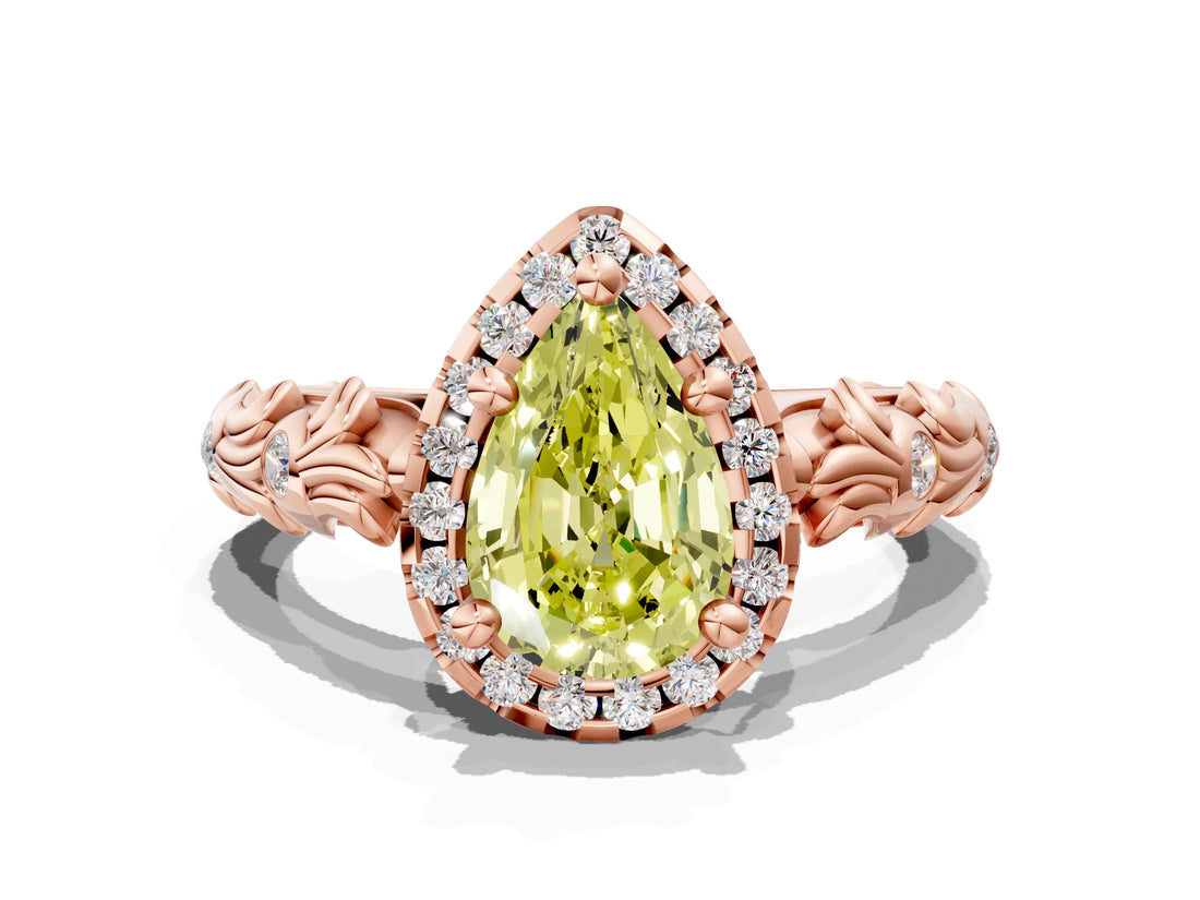 Rose gold Fancy Yellow Pear Cut Halo Diamond Solitaire with Filigree Band and Four-Prong Setting
