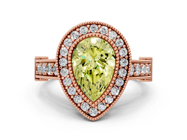 Rose Gold Pear-Shaped Vintage Bezel Halo Engagement Ring Setting for Fancy Yellow Center
