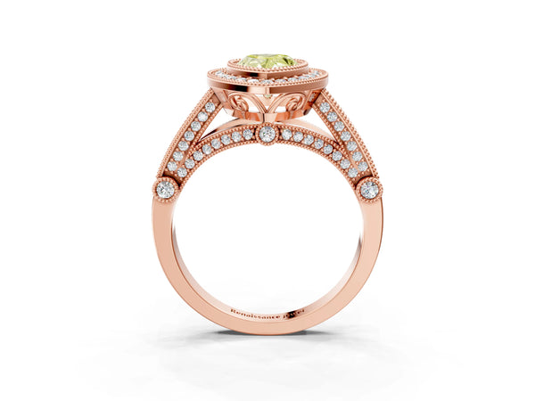 Rose Gold Pear-Shaped Vintage Bezel Halo Engagement Ring Setting for Fancy Yellow Center