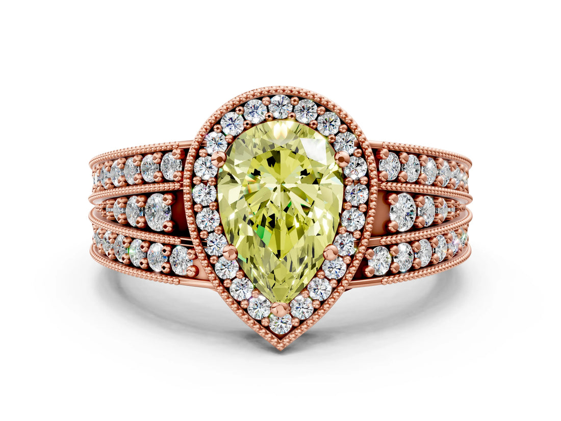 Rose gold Fancy Yellow Pear Cut Halo Diamond Split Shank Ring with Prong Setting