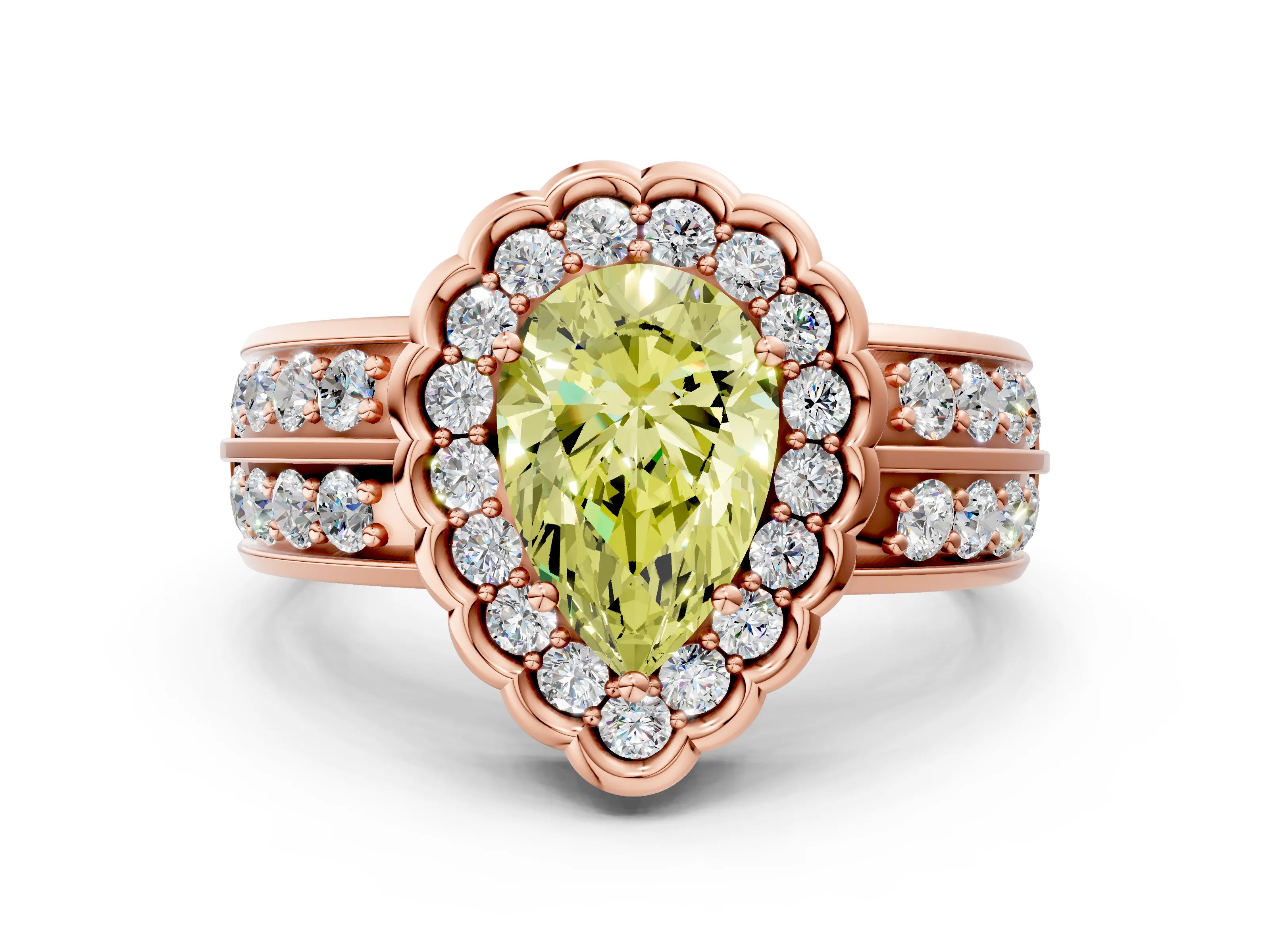 Rose gold Fancy Yellow Pear Cut Halo Diamond Split Shank Ring with Scalloped Prong Setting