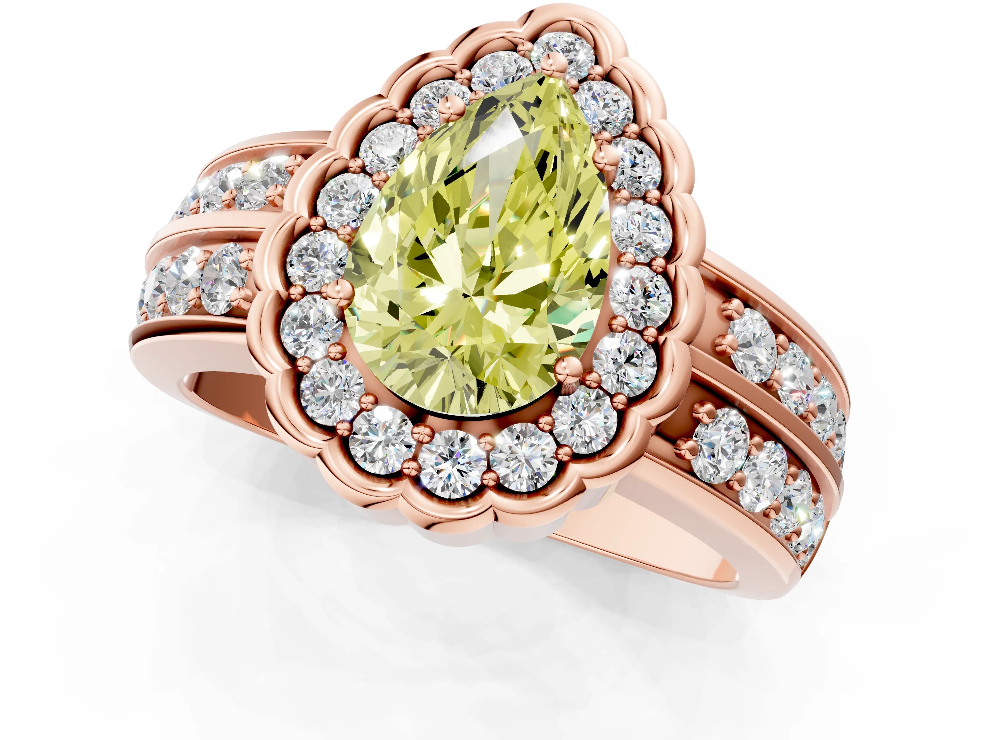 Rose gold Fancy Yellow Pear Cut Halo Diamond Split Shank Ring with Scalloped Prong Setting_1