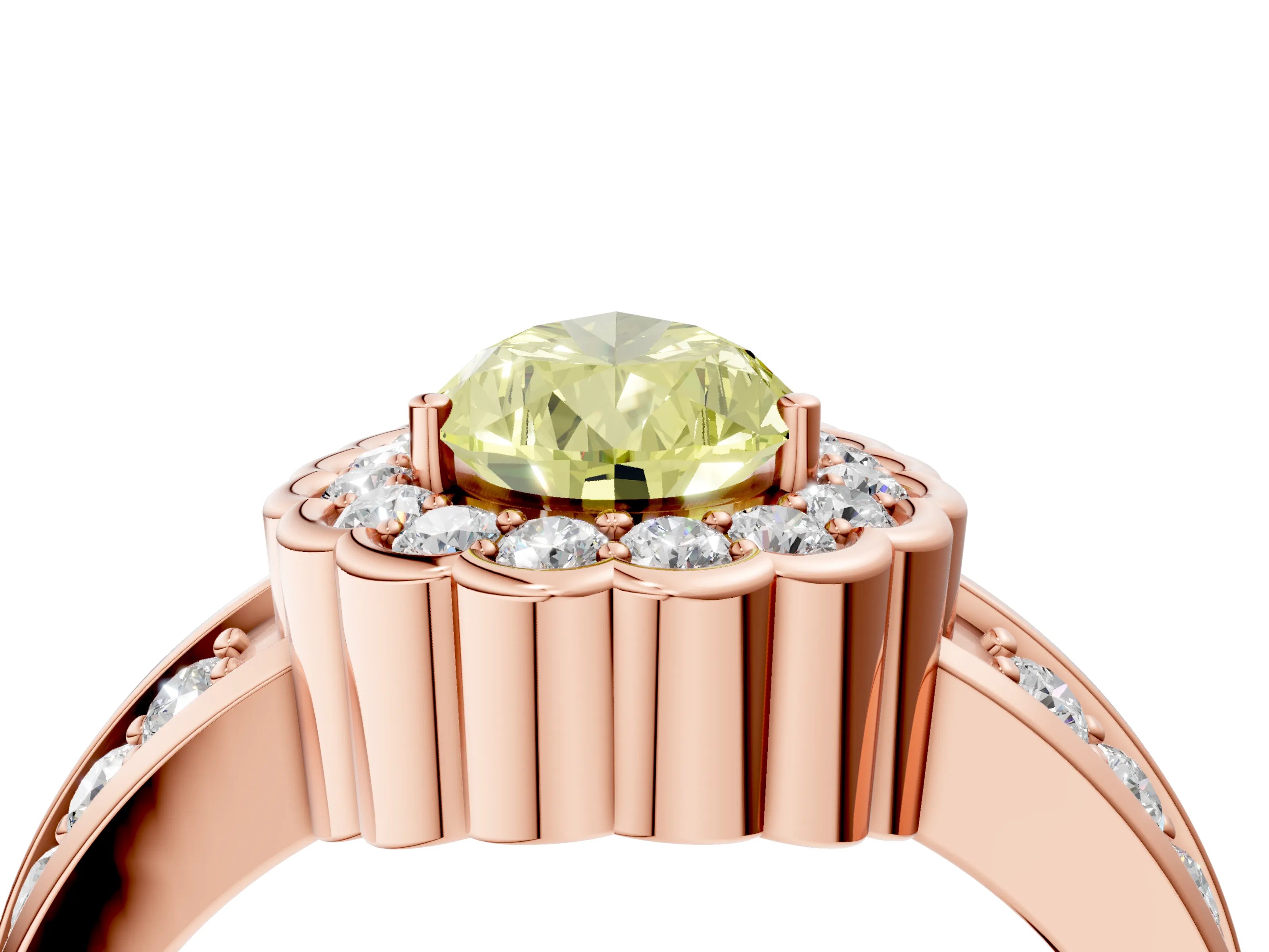 Rose gold Fancy Yellow Pear Cut Halo Diamond Split Shank Ring with Scalloped Prong Setting_4