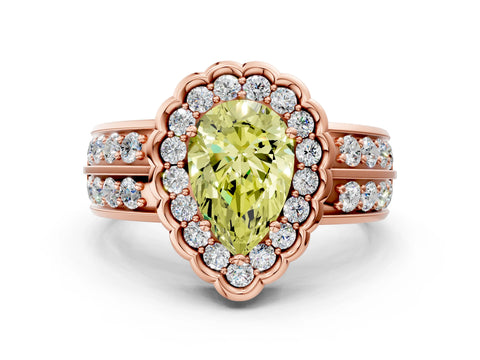 Rose gold Fancy Yellow Pear Cut Halo Diamond Split Shank Ring with Scalloped Prong Setting