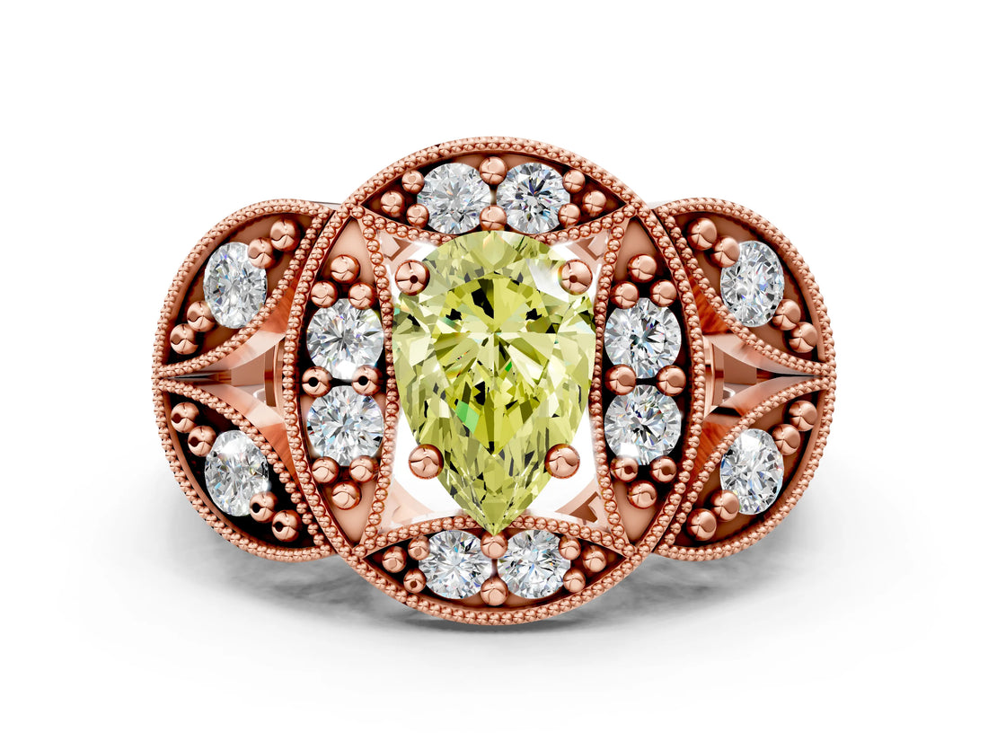 Rose gold Fancy Yellow Pear Cut Halo Milgrain Diamond Engagement Ring with Leaf Band and Four-Prong Setting