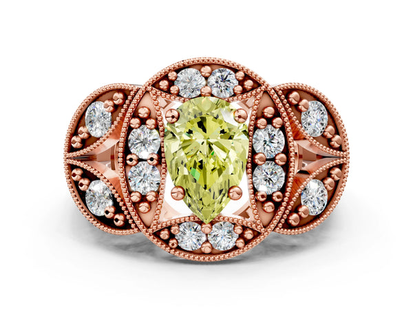 Rose gold Fancy Yellow Pear Cut Halo Milgrain Diamond Engagement Ring with Leaf Band and Four-Prong Setting