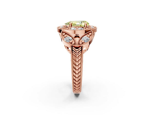 Rose gold Fancy Yellow Pear Cut Halo Milgrain Diamond Engagement Ring with Leaf Band and Four-Prong Setting