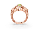Rose gold Fancy Yellow Pear Cut Halo Milgrain Diamond Engagement Ring with Leaf Band and Four-Prong Setting_3