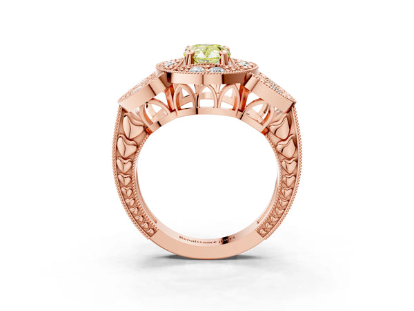 Rose gold Fancy Yellow Pear Cut Halo Milgrain Diamond Engagement Ring with Leaf Band and Four-Prong Setting