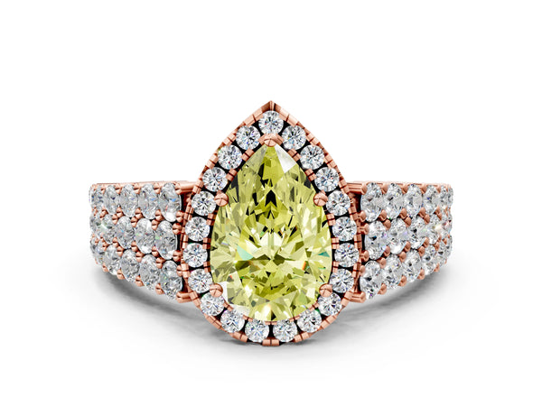 Rose gold Fancy Yellow Pear Cut Halo Pavé Diamond Engagement Ring with Split Shank and Four-Prong Setting