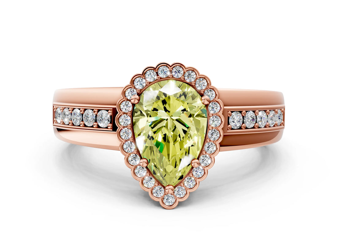 Rose gold Fancy Yellow Pear  Cut Halo Pave Band Four-Prong Ring_49
