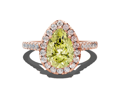Rose gold Fancy Yellow Pear Cut Halo Pave Diamond Engagement Ring with Four-Prong Setting