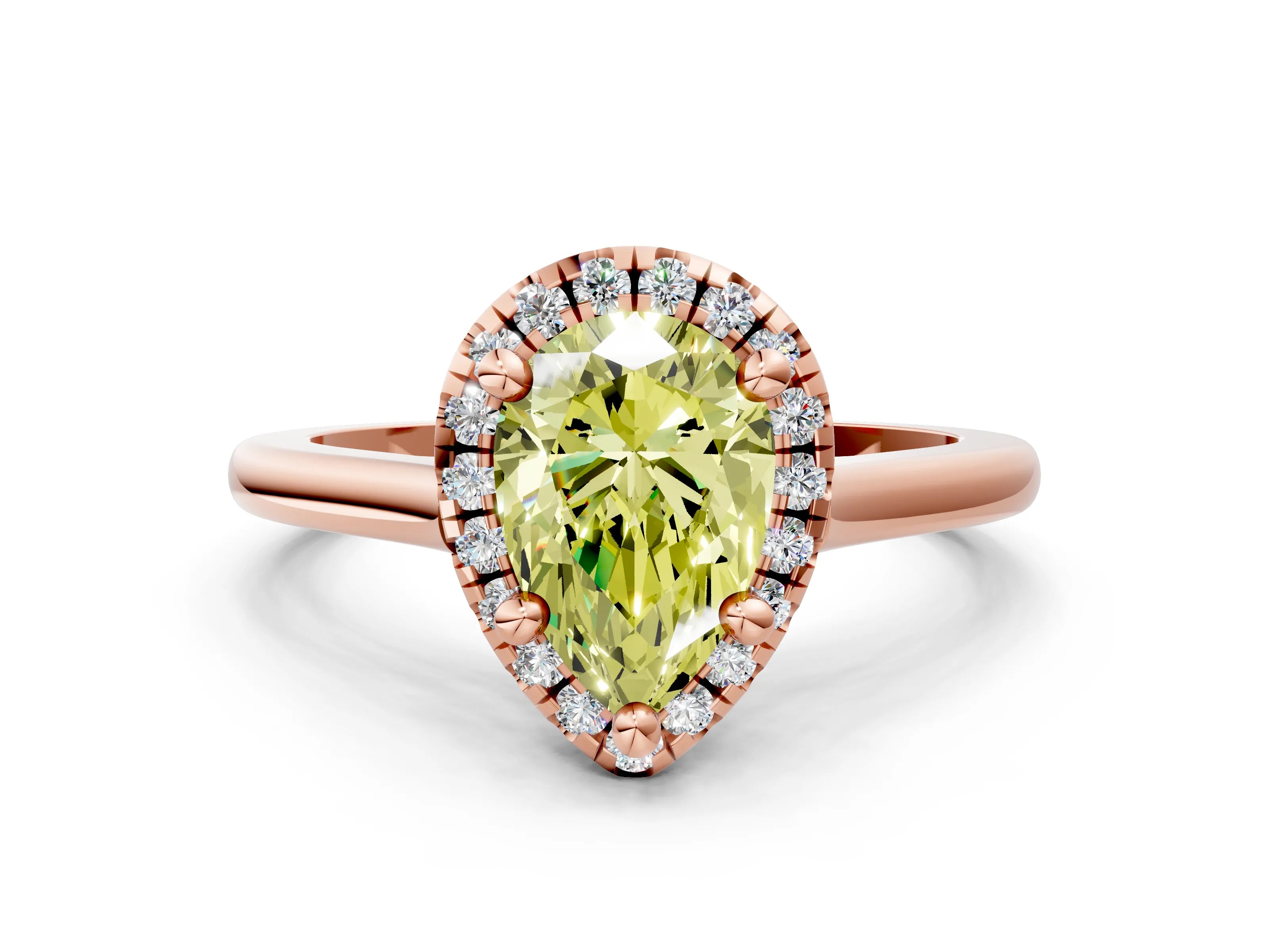 Rose gold Fancy Yellow Pear Cut Halo Round Diamond Solitaire Engagement Ring with Pave Band and Four-Prong Setting_12