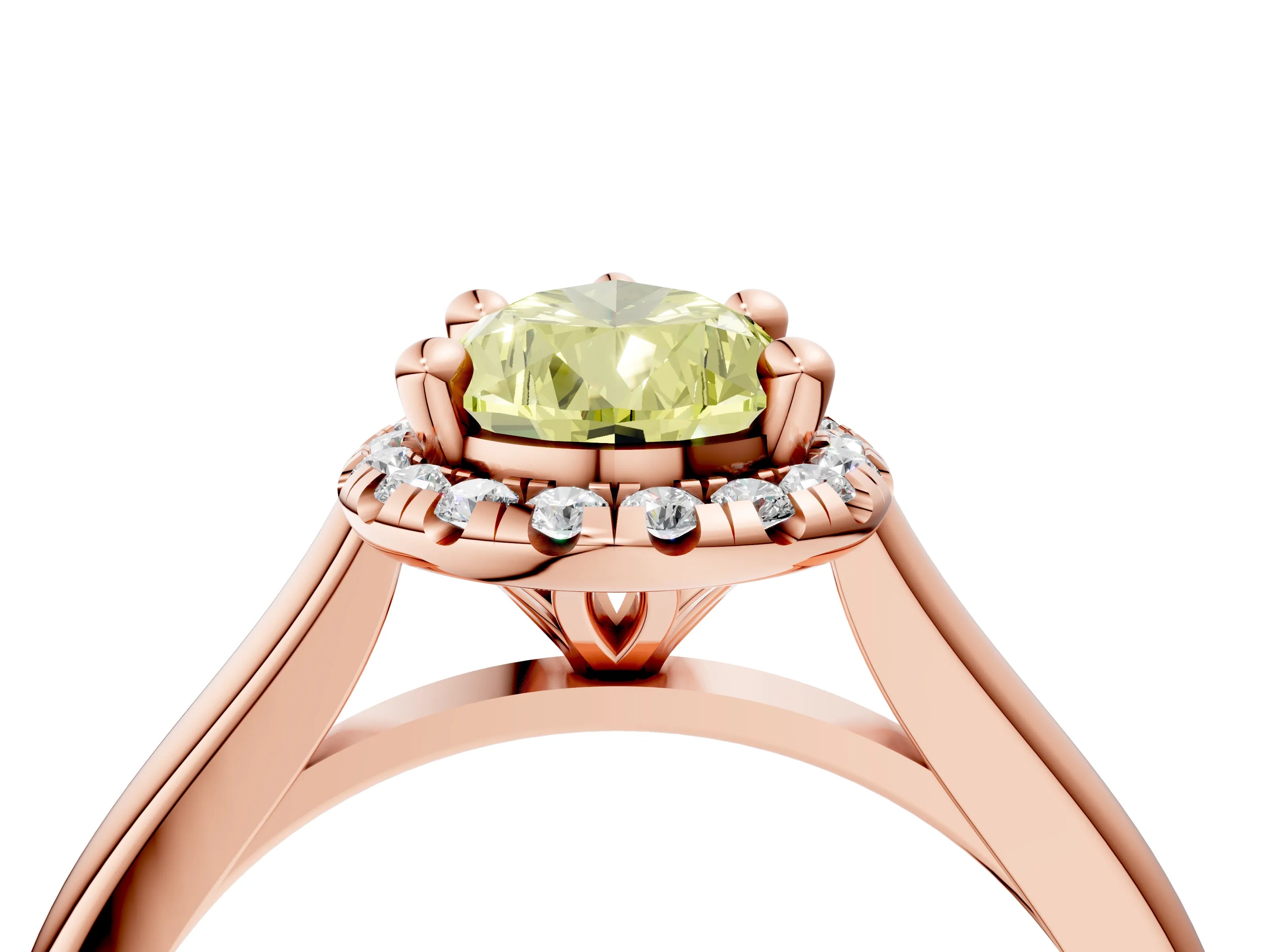 Rose gold Fancy Yellow Pear Cut Halo Round Diamond Solitaire Engagement Ring with Pave Band and Four-Prong Setting_16