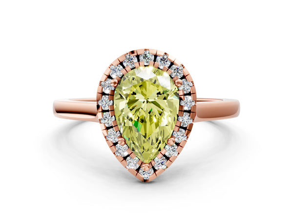 Rose gold Fancy Yellow Pear Cut Halo Round Diamond Solitaire Ring with Pavé Band and Four-Prong Setting