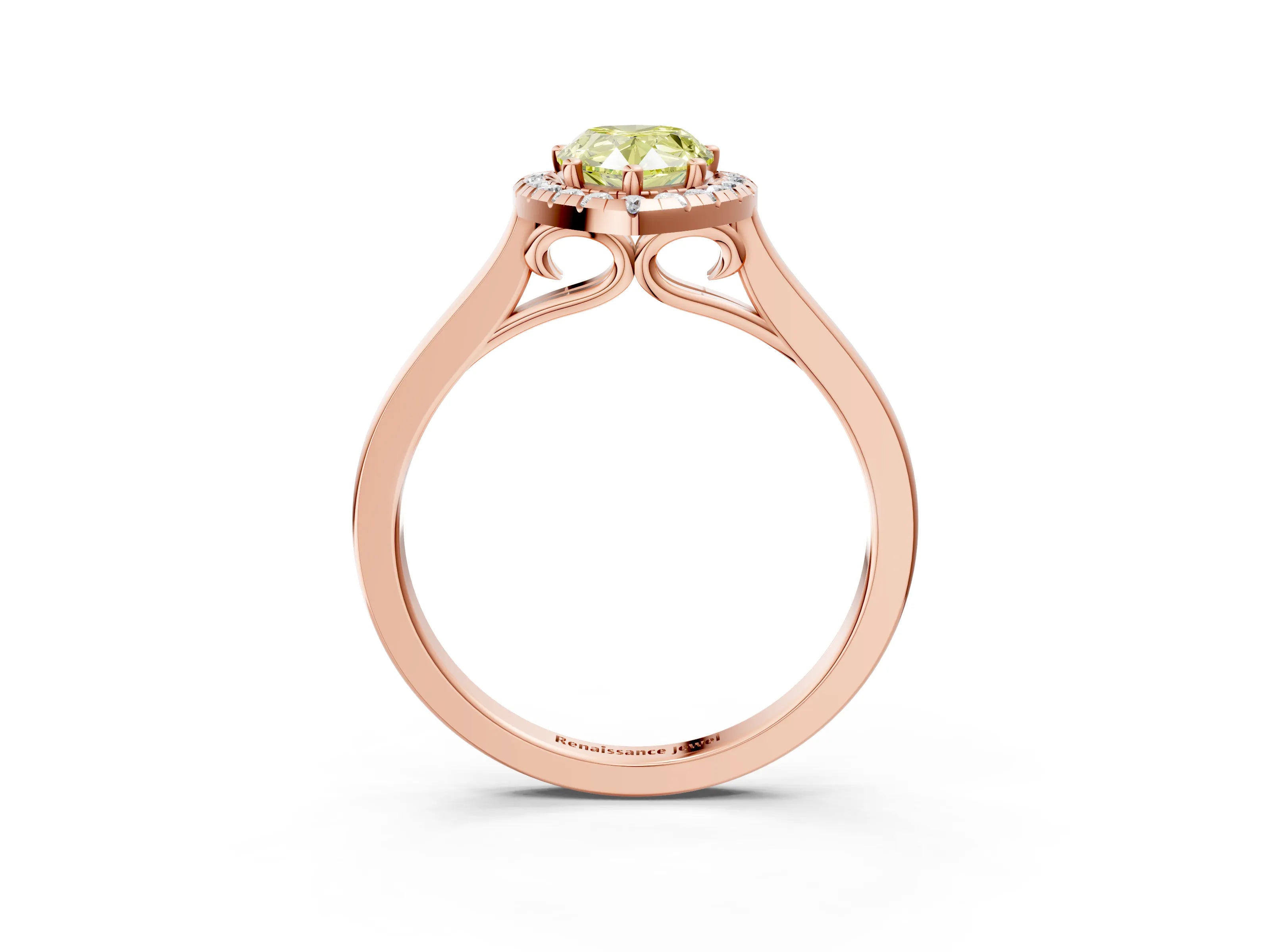 Rose gold Fancy Yellow Pear Cut Halo Round Diamond Solitaire Ring with Pavé Band and Four-Prong Setting_15
