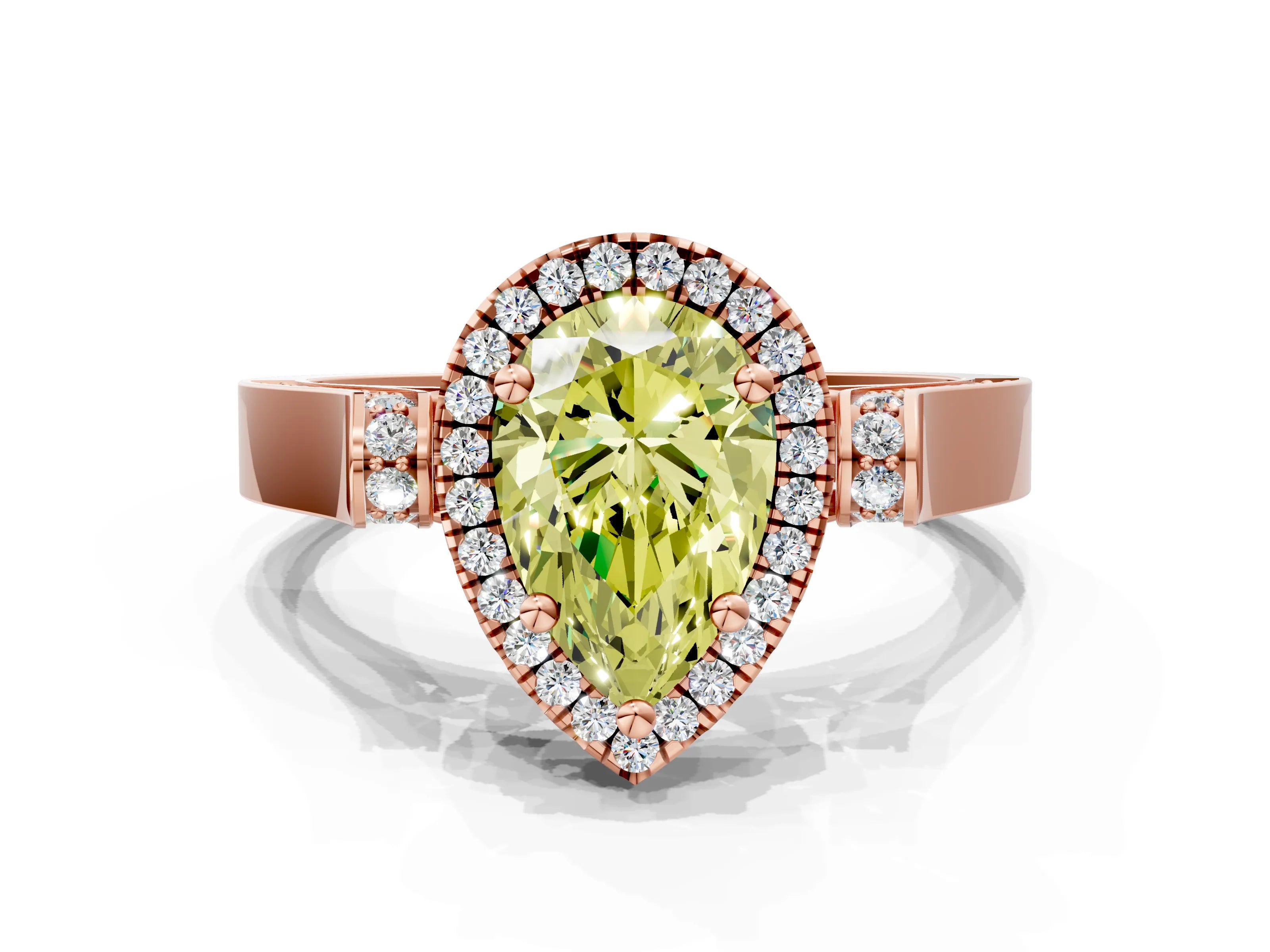 Rose gold Fancy Yellow Pear Cut Halo Round Diamond Twist Band with Four-Prong Setting