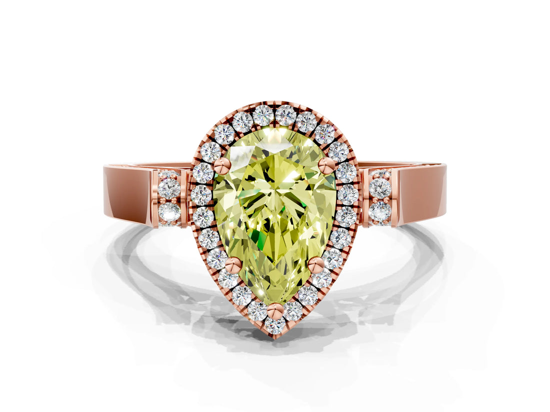 Rose gold Fancy Yellow Pear Cut Halo Round Diamond Twist Band with Four-Prong Setting