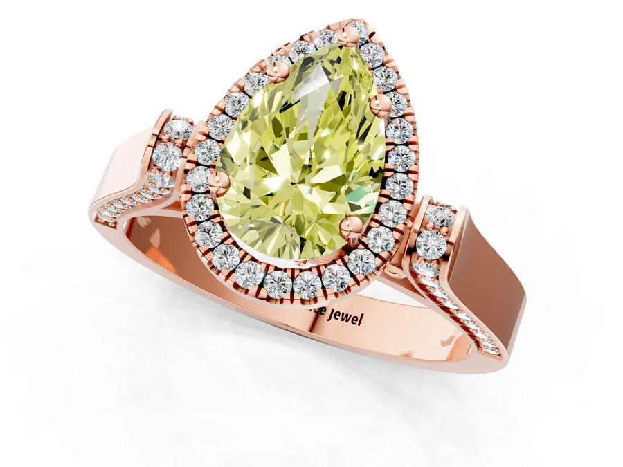 Rose gold Fancy Yellow Pear Cut Halo Round Diamond Twist Band with Four-Prong Setting