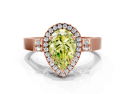 Rose gold Fancy Yellow Pear Cut Halo Round Diamond Twist Band with Four-Prong Setting