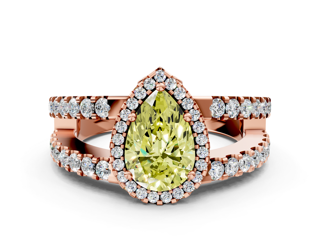 Rose gold Fancy Yellow Pear  Cut Halo Split Shank Diamond Ring with Four-Prong Setting_45