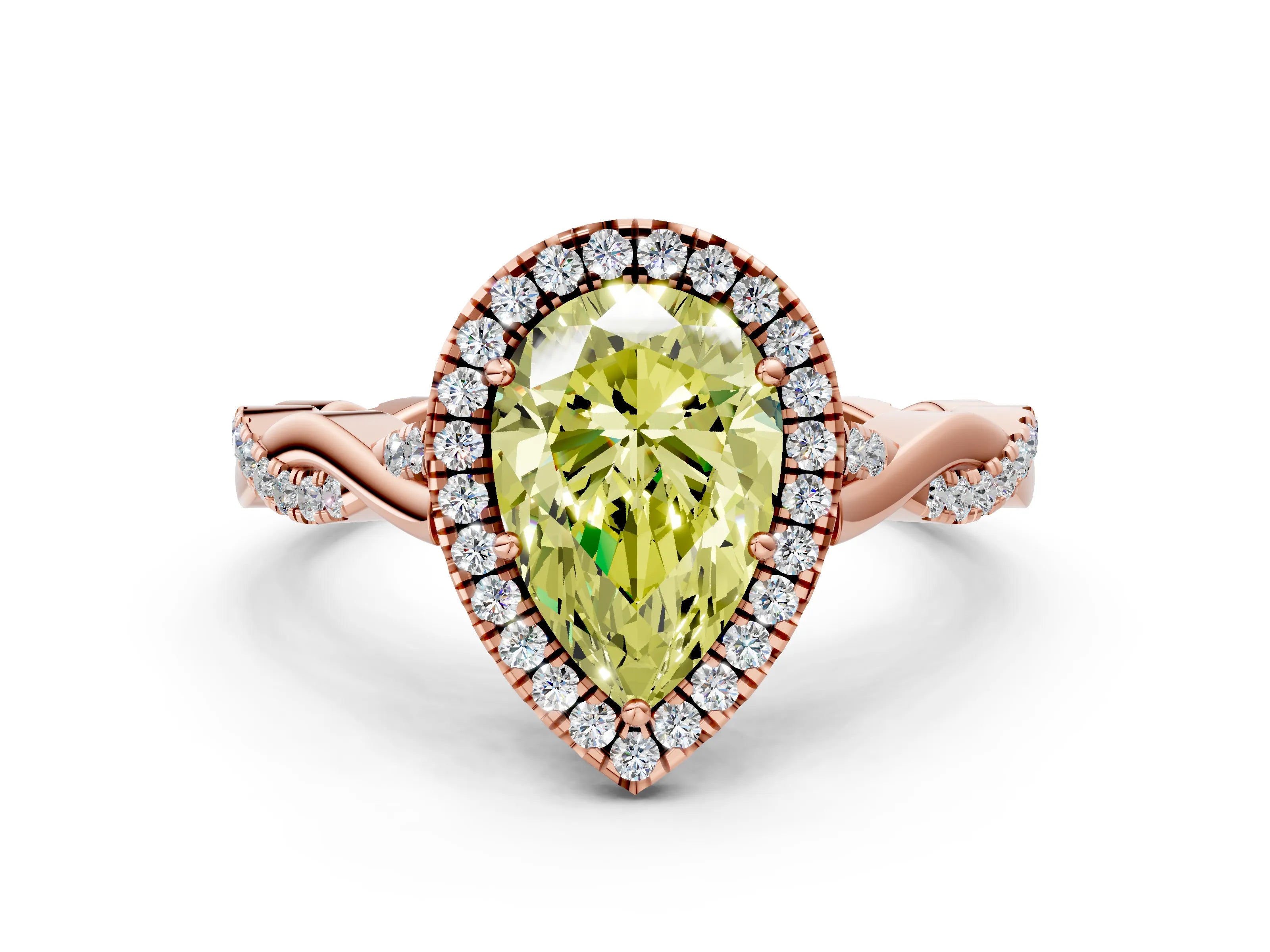 Rose gold Fancy Yellow Pear Cut Halo Twist Band with Four-Prong Setting
