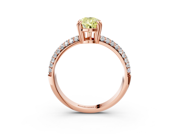 Rose gold Fancy Yellow Pear  Cut Pave Diamond Engagement Ring with Channel Set Band and Four-Prong Setting