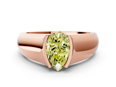Rose gold Fancy Yellow Pear Cut Solitaire Bezel Set Diamond Ring with Wide Band