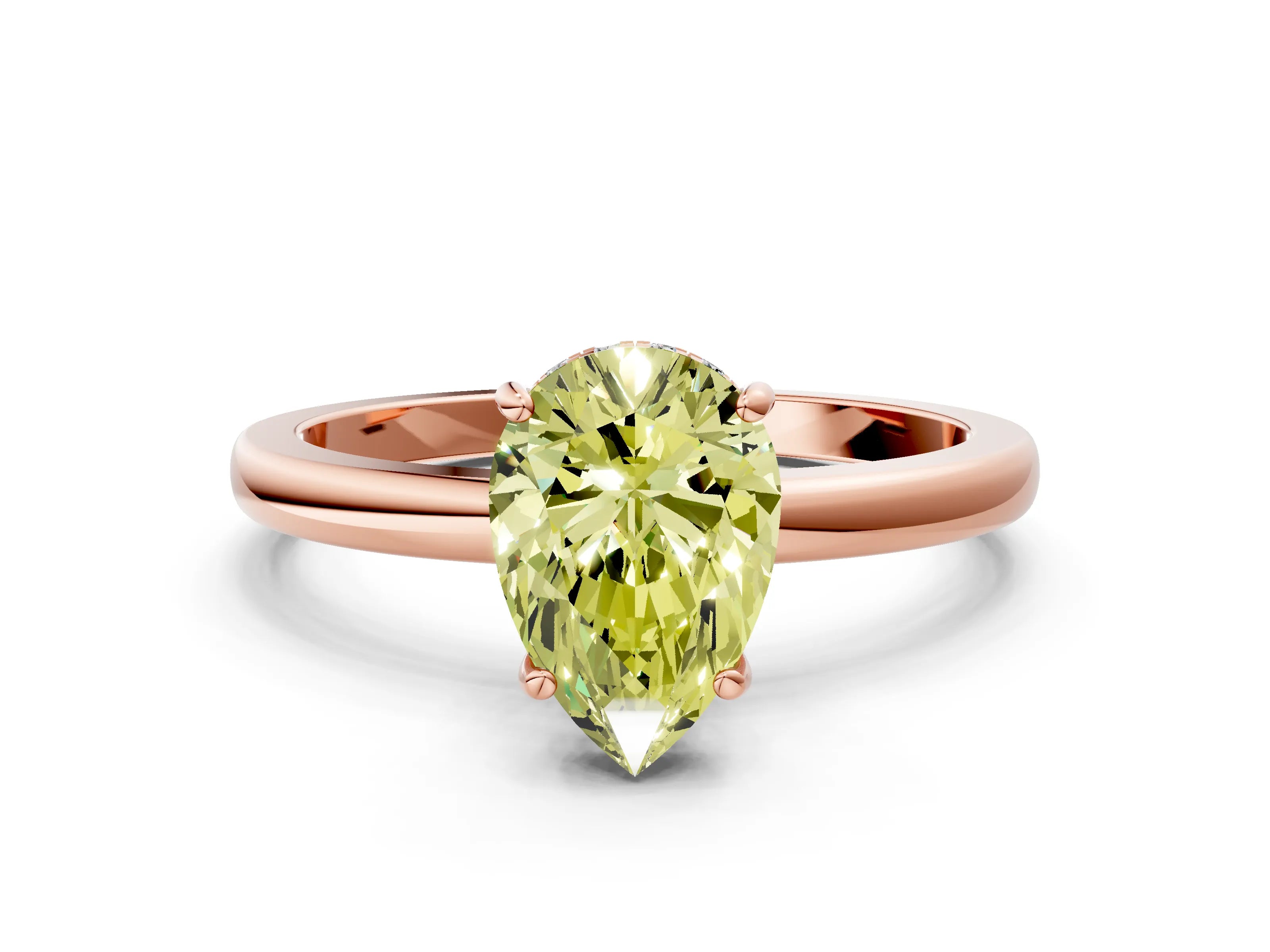 Rose gold Fancy Yellow Pear Cut Solitaire Diamond Ring with Prong Setting and Plain Band