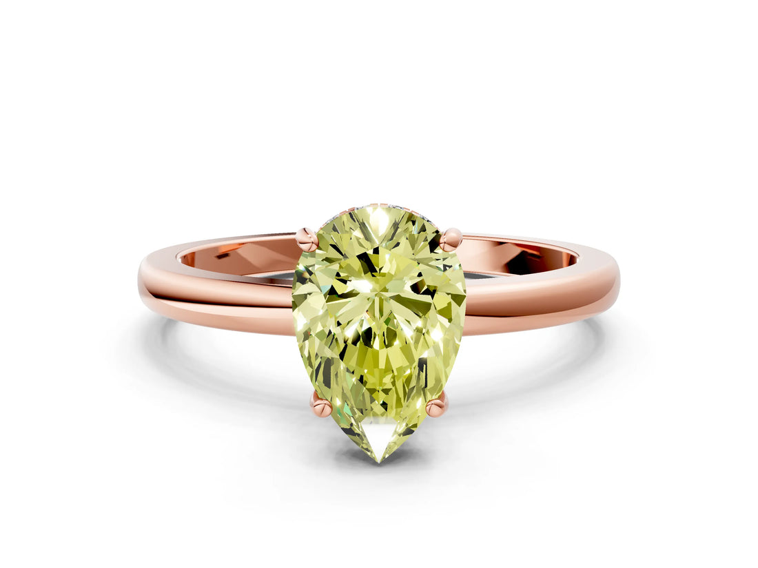 Rose gold Fancy Yellow Pear Cut Solitaire Diamond Ring with Prong Setting and Plain Band